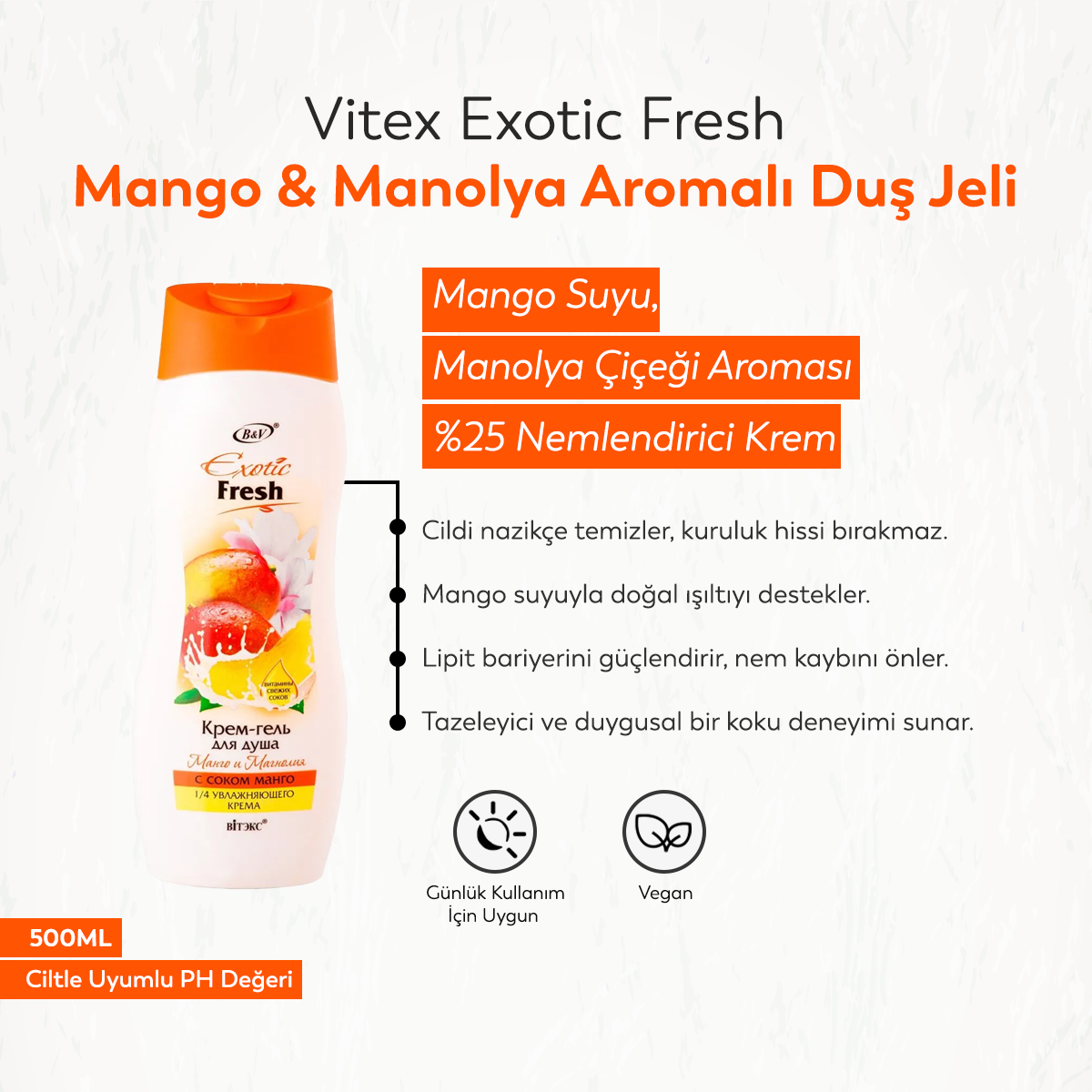 Vitex Exotic Fresh Mango ve Manolya Çiçeği Aromalı Duş Jeli (500 ml)