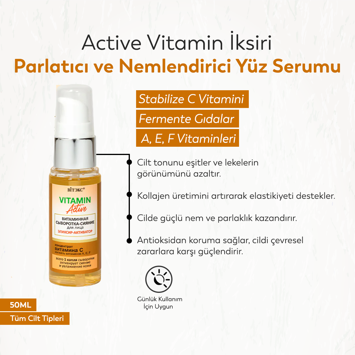 Vitex Vitamin Active Vitamin İksiri Parlatıcı ve Nemlendirici Yüz Serumu (30 ml)
