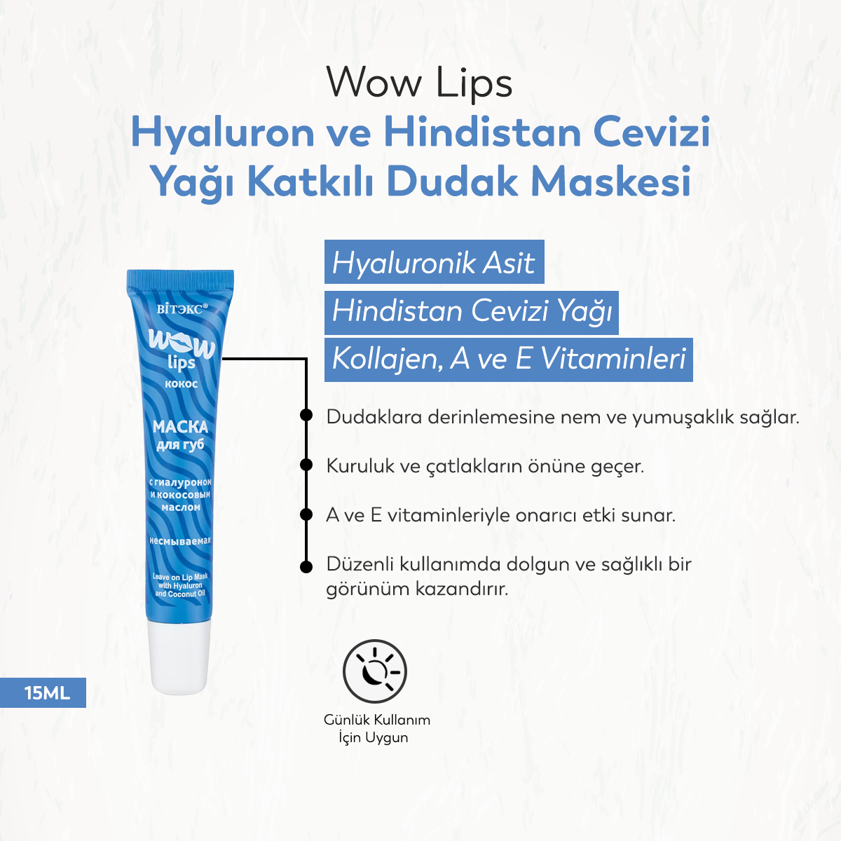 Vitex Wow Lips Hyaluron ve Hindistan Cevizi Yağı Katkılı Dudak Maskesi (15 ml)