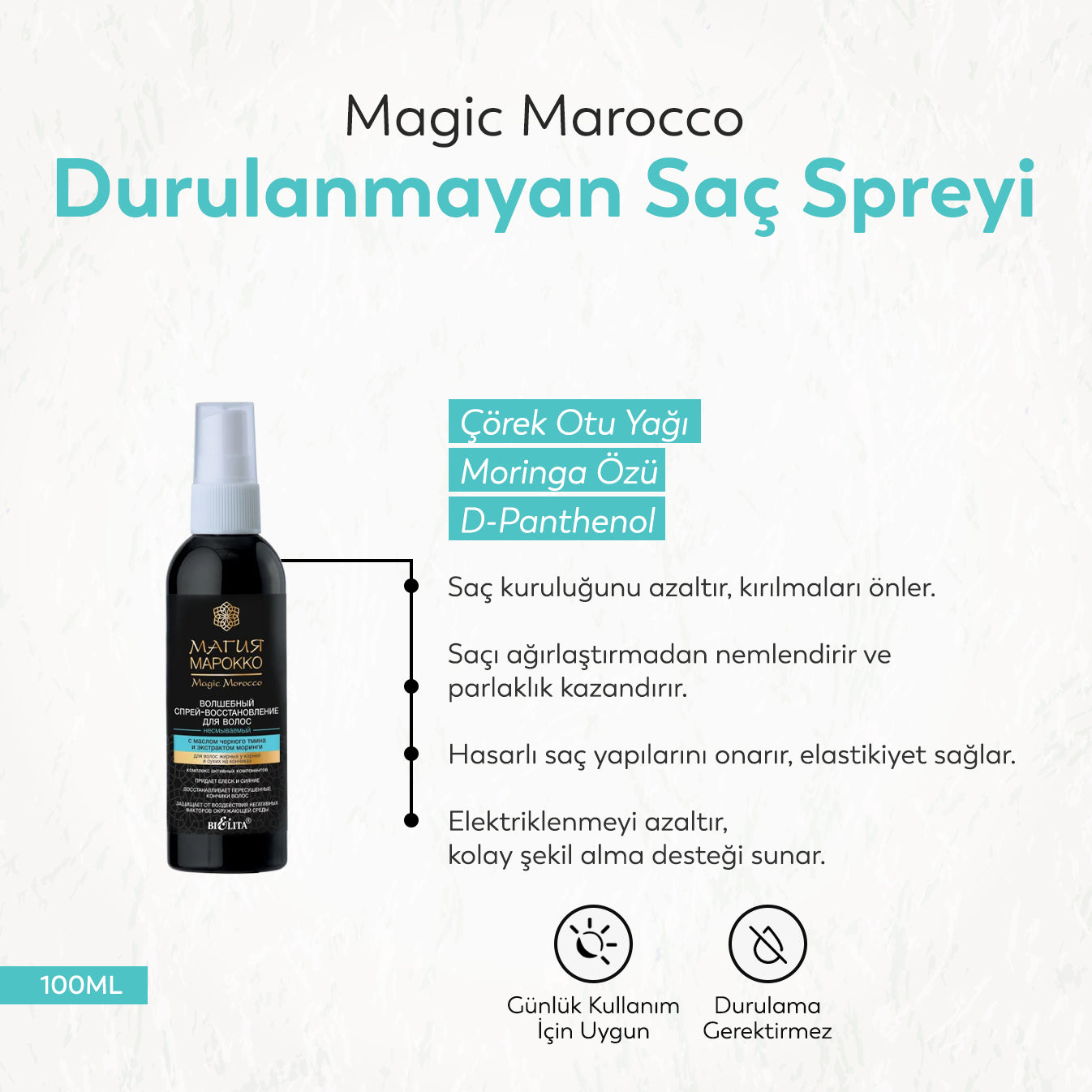 Belita Magic Marocco Hair Restoration Siyah Kimyon Yağı Ve Moringa Özü İçeren Durulanmayan Saç Spreyi (100 ml)