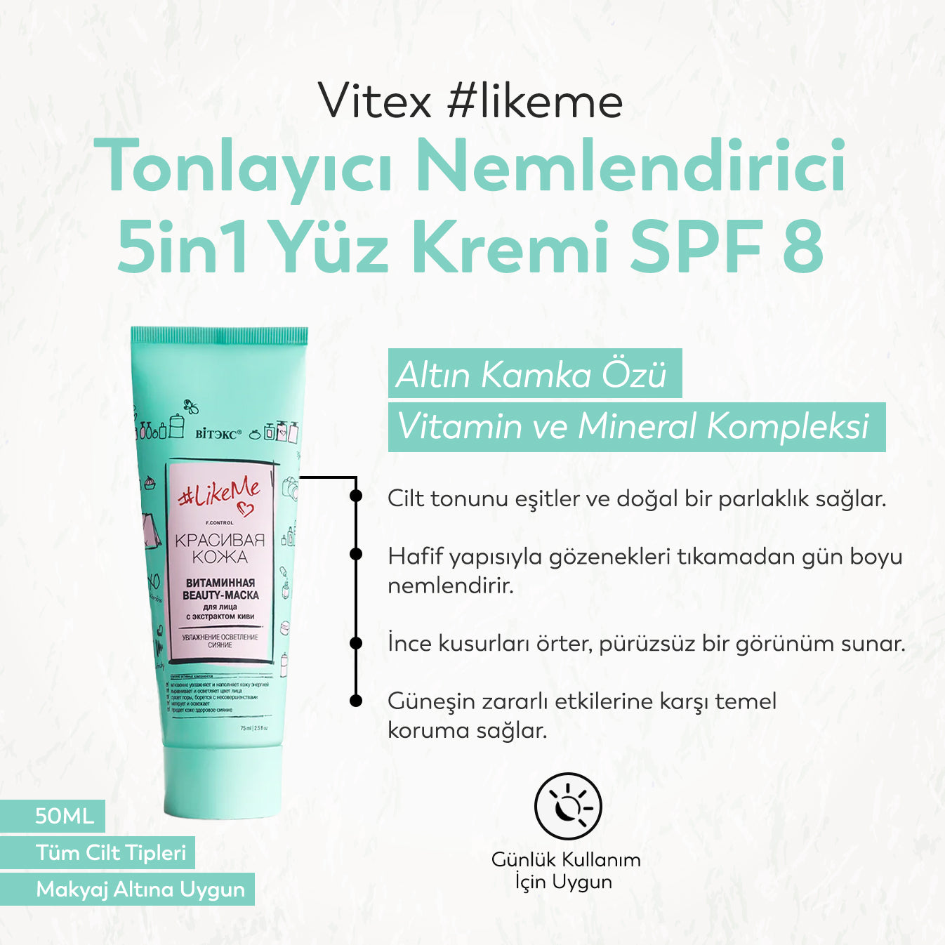 Vitex #likeme Tonlayıcı Nemlendirici 5in1 Yüz Kremi Spf 8 (50 ml)