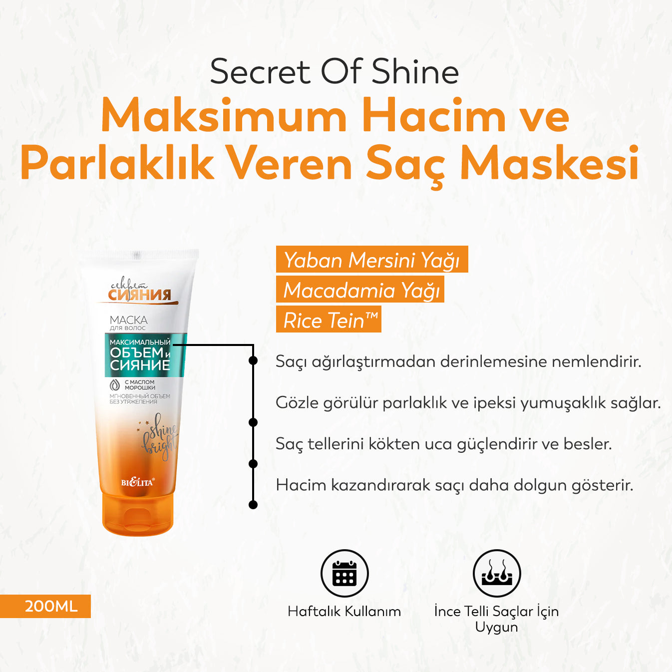 Secret Of Shine Yaban Mersini Yağı Içerikli Maksimum Hacim ve Parlaklık Veren Saç Maskesi (200 ml)