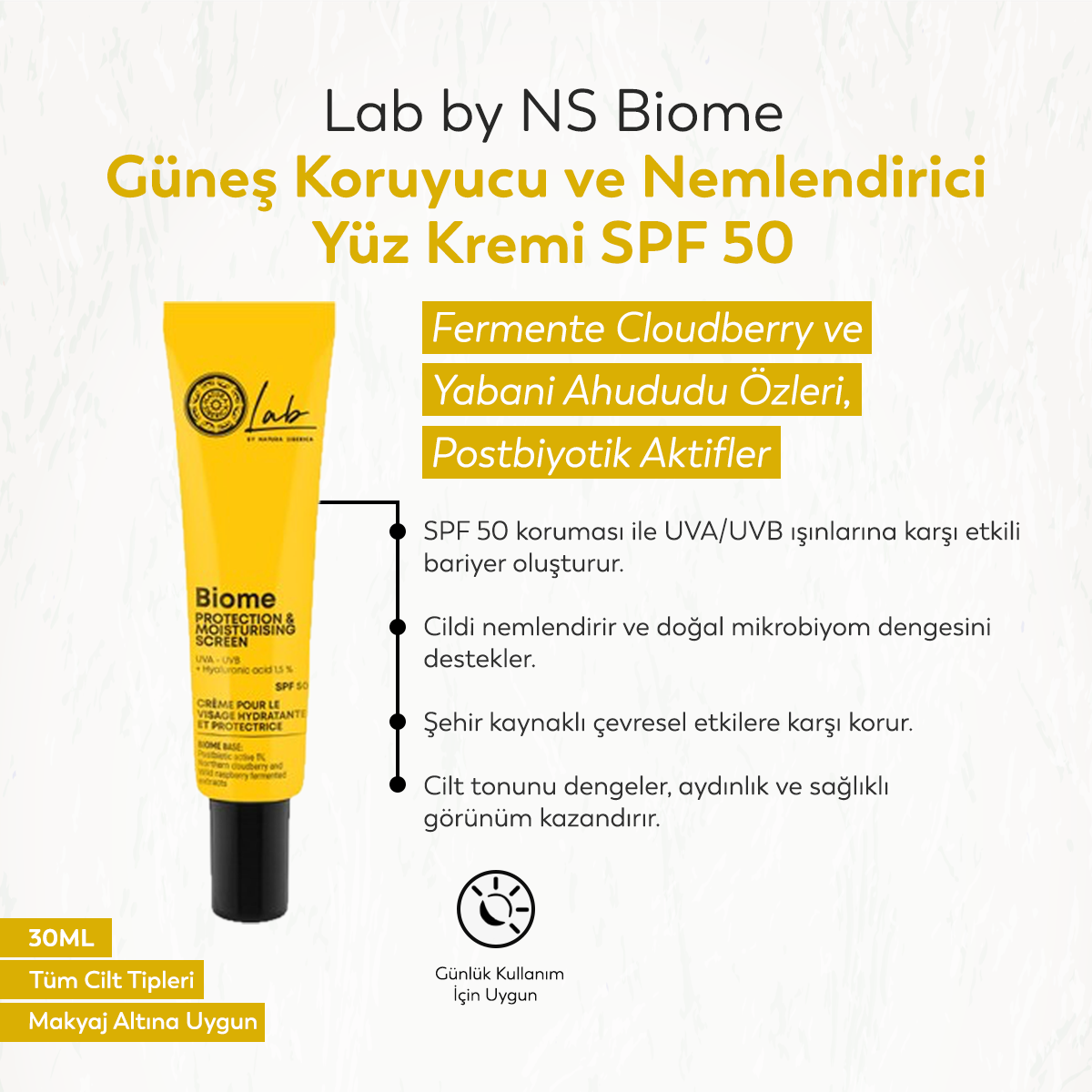 Lab by NS Biome Güneş Koruyucu ve Nemlendirici Yüz Kremi SPF-50 (30 ml)