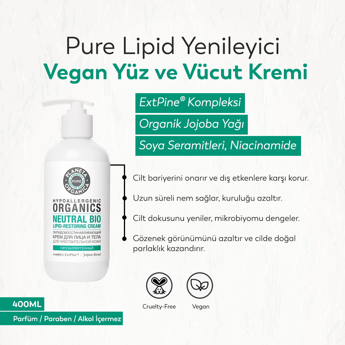 Planeta Organica - Pure - Vegan Formül Lipid Yenileyici Yüz ve Vücut Kremi (400 ml)