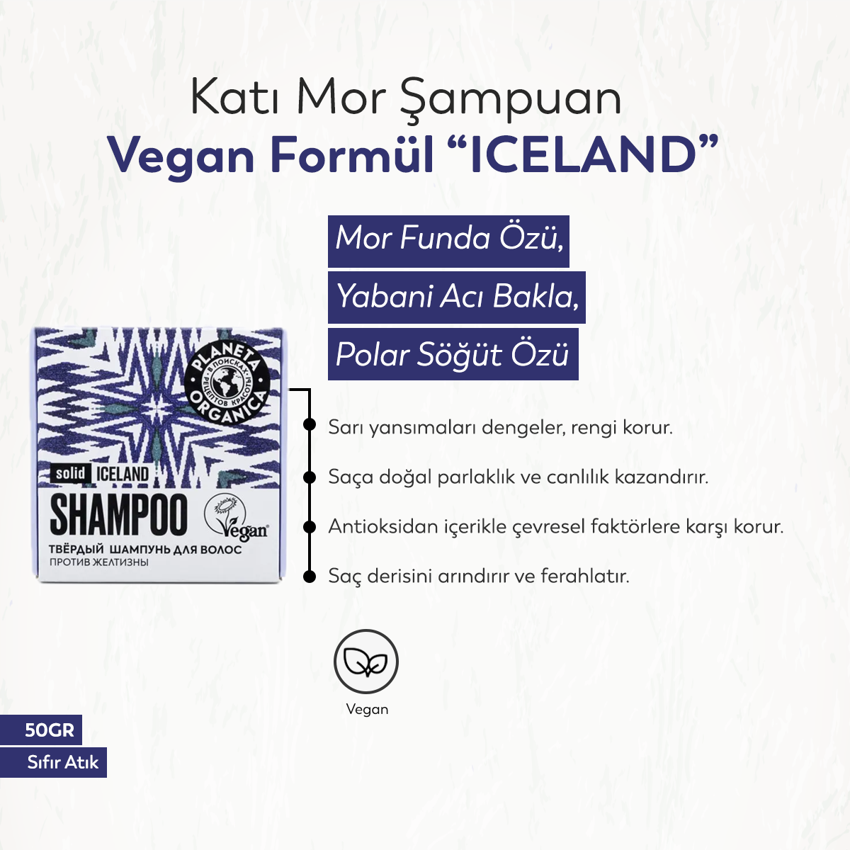 Planeta Organica Solid - Katı Mor Şampuan Vegan Formül "ICELAND" (50 gr)