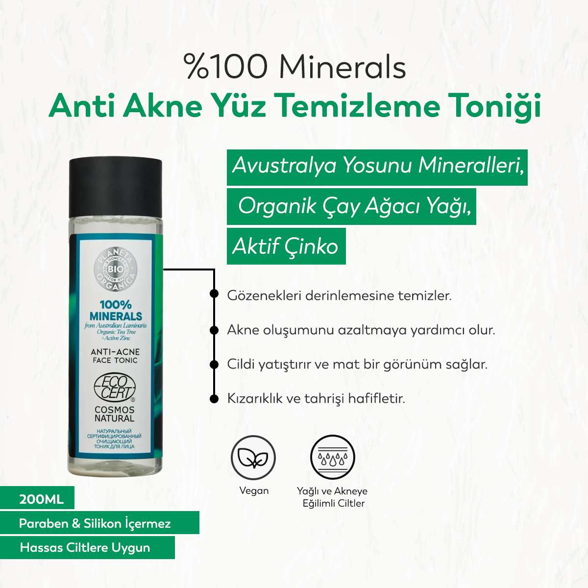 Planeta Organica - %100 Minerals - Anti Akne Yüz Temizleme Toniği (200 ml)