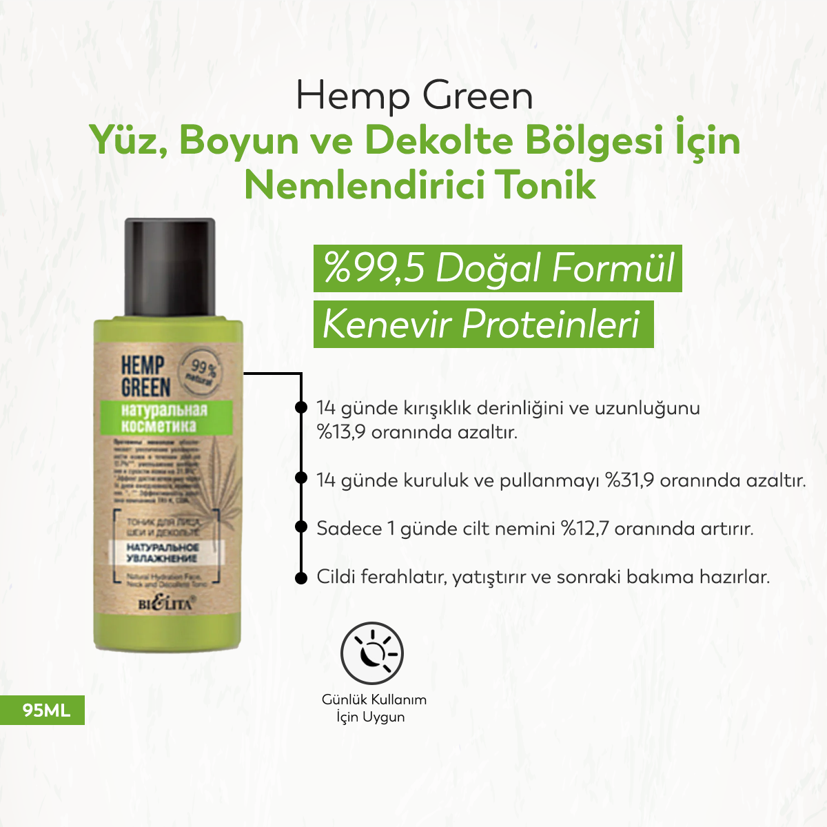 Hemp Green Yüz, Boyun ve Dekolte Bölgesi İçin Nemlendirici Tonik (95 ml)