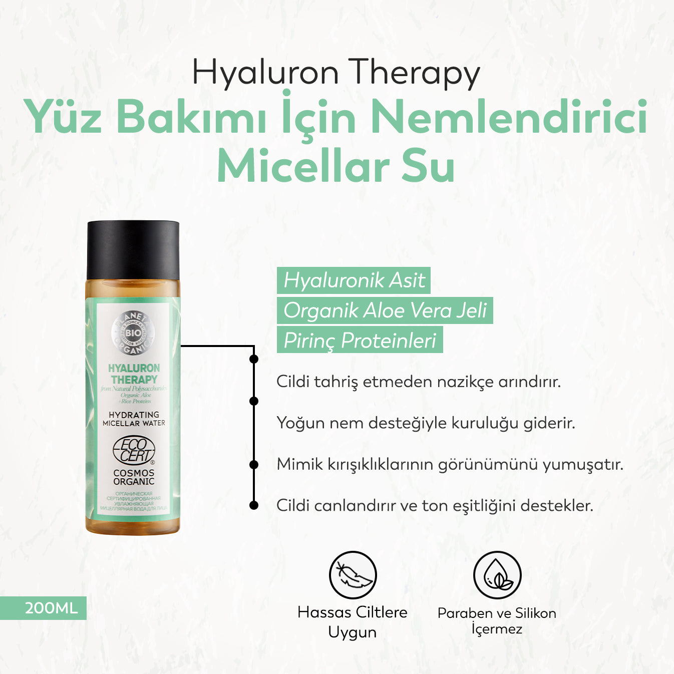 Planeta Organica - Hyaluron Therapy - Yüz Bakımı İçin Nemlendirici Miselar Su (200 ml)