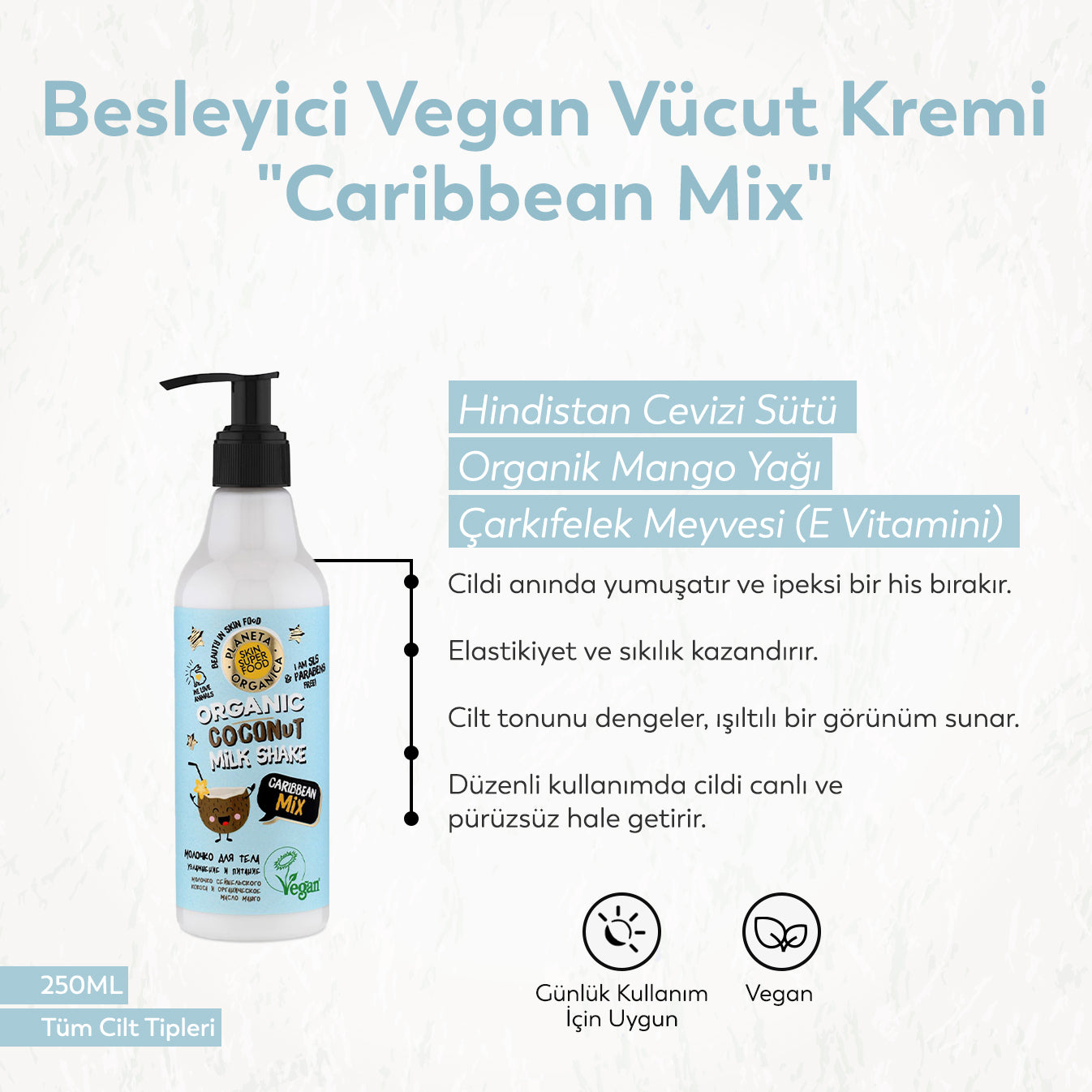 Planeta Organica - SLS ve Paraben içermeyen,%99 Doğal İçerik, Vegan Formül - Nemlendirici ve Besleyici Vücut Kremi "Caribbean Mix" (250 ml)